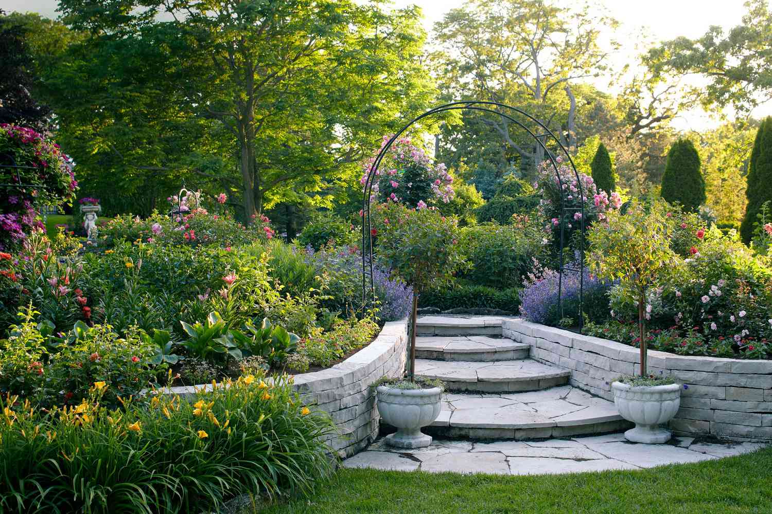 lush garden with stone steps
