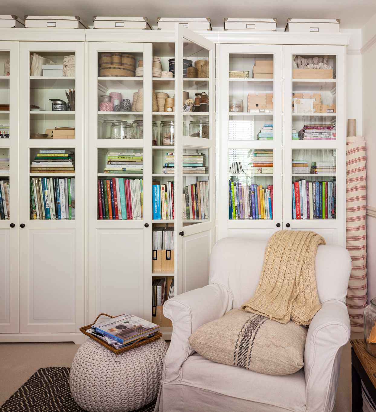 white chair bookshelves