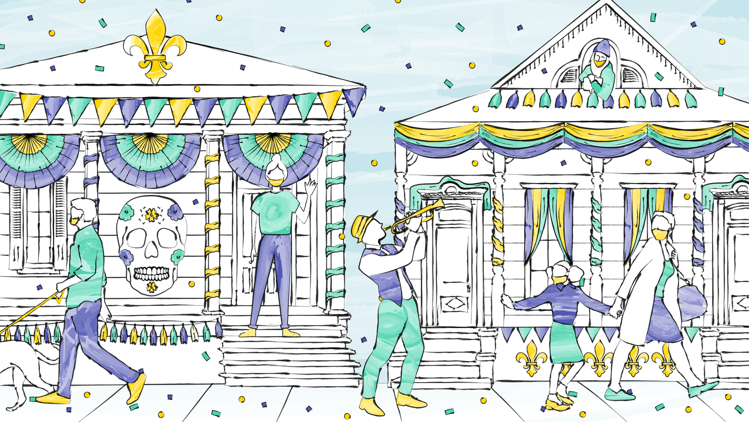 purple, green, and yellow illustration of people walking on a street at mardi gras