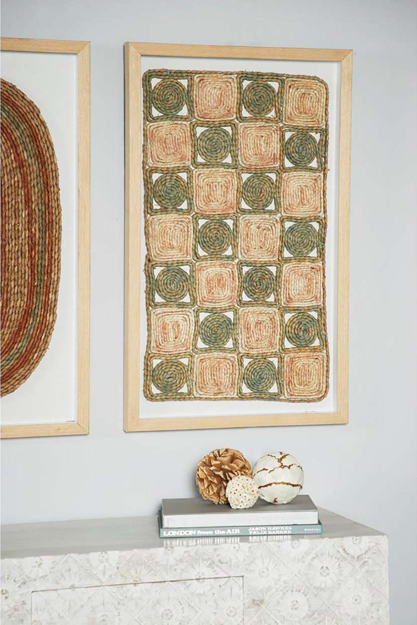 framed rope wall art with checkerboard pattern
