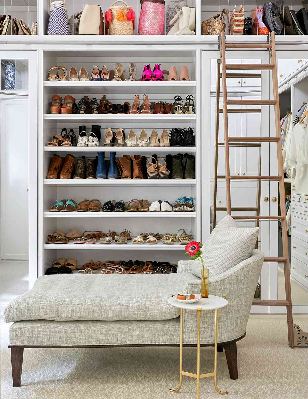 master walk-in closet chaise lounge ladder shoes