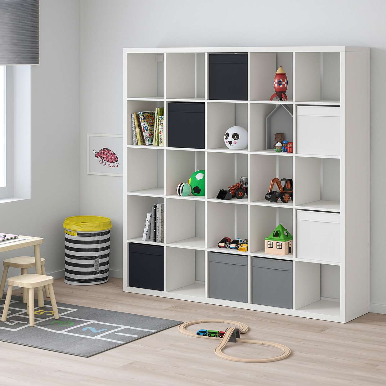 white cube bookshelf in playroom