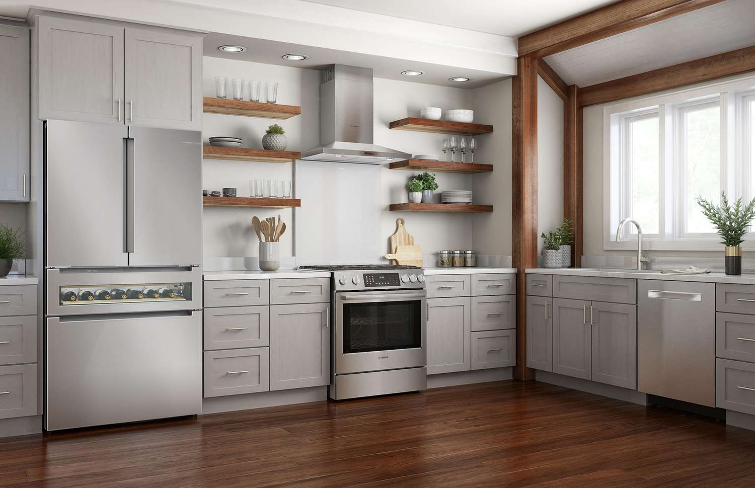 modern kitchen with stainless-steel refrigerator