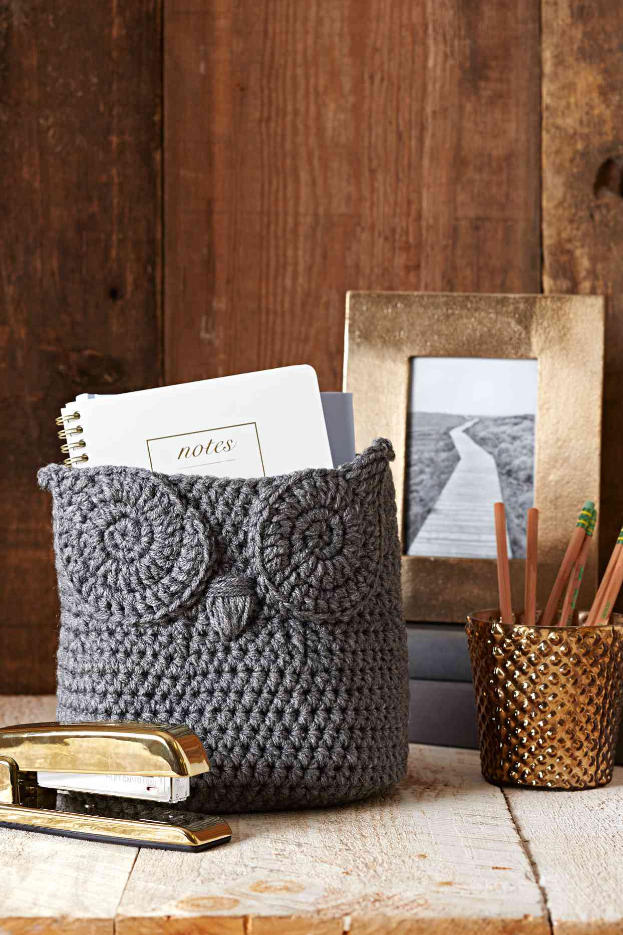 owl basket gray gold desk