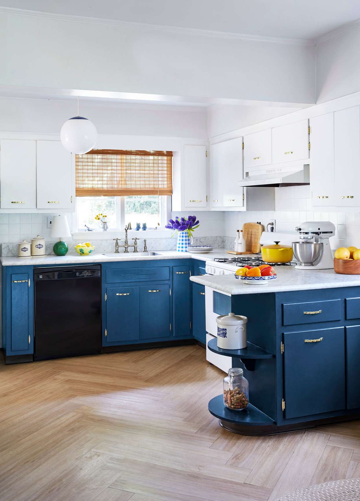 blue and white open kitchen
