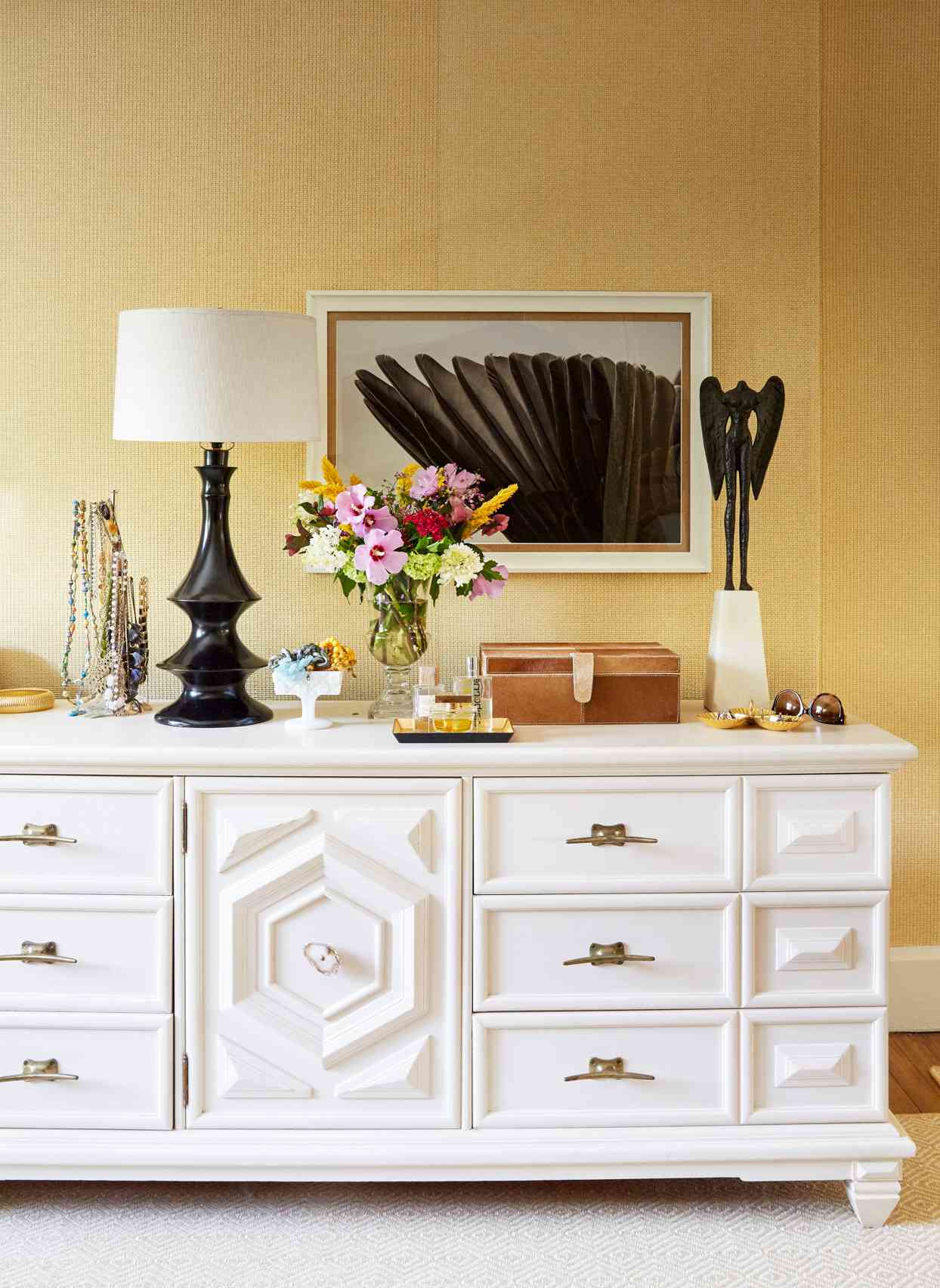 white dresser in bedroom with yellow walls