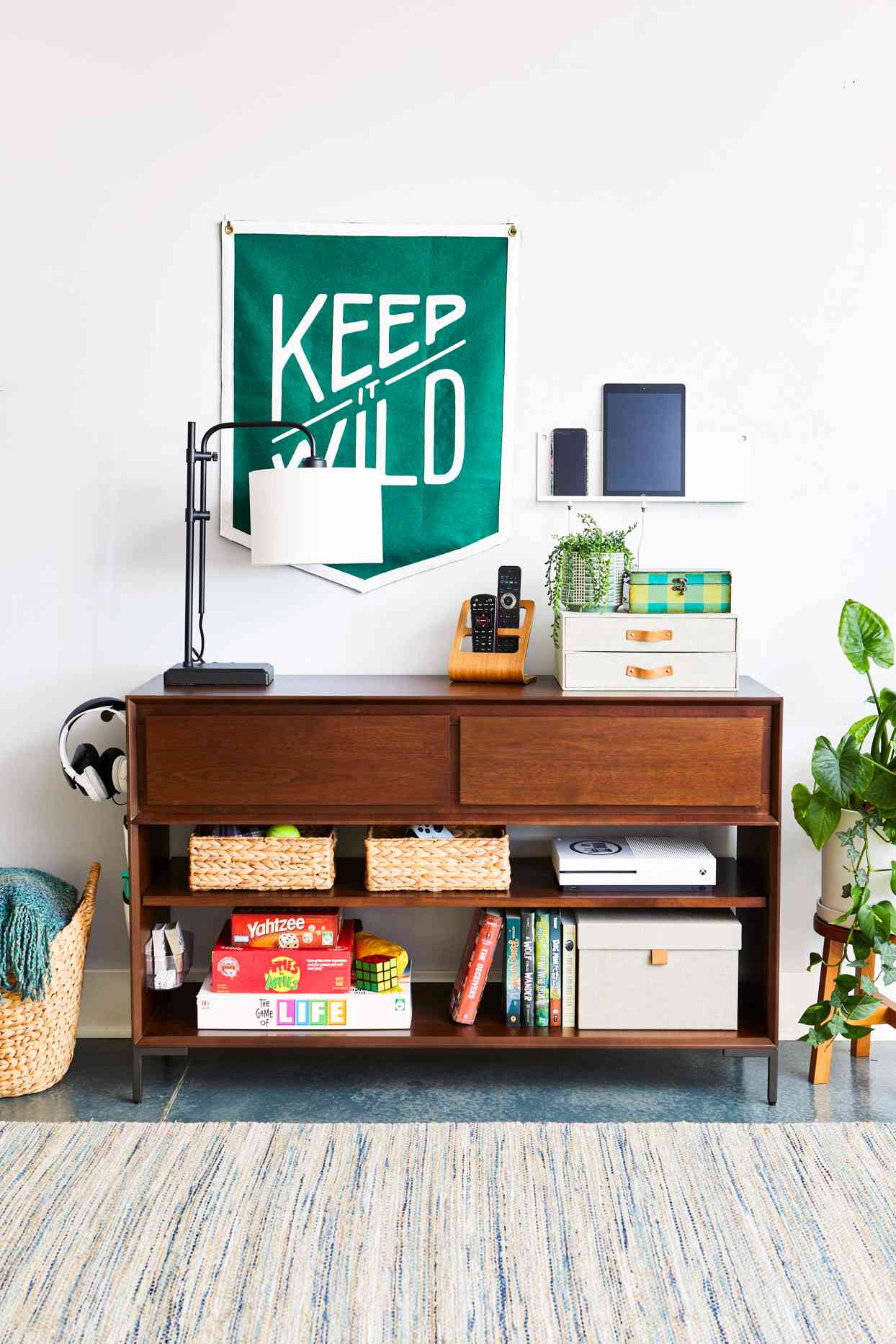 wooden desk with green banner