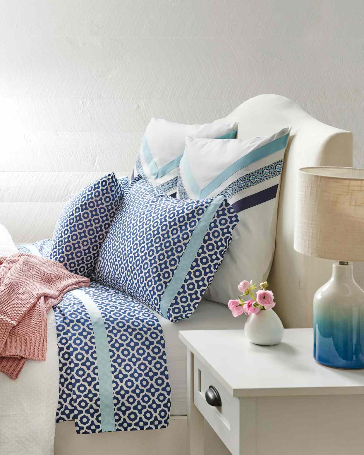 blue colored bedroom ribbon trim bedding