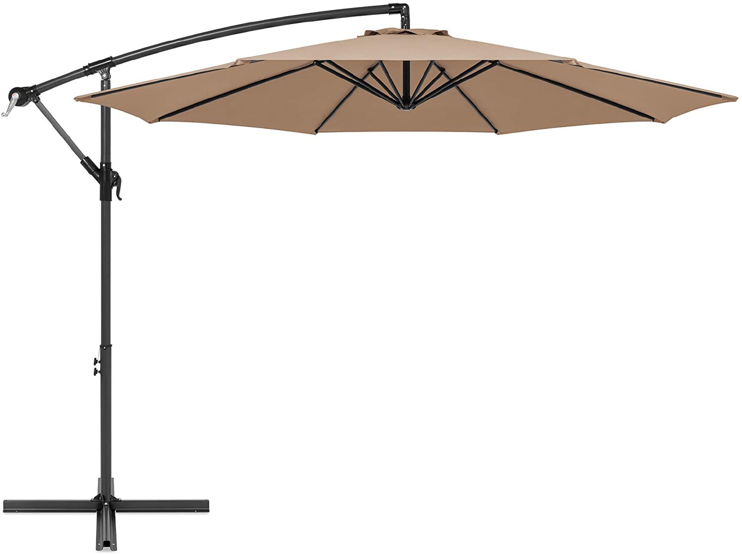 tan patio umbrella with cantilever base