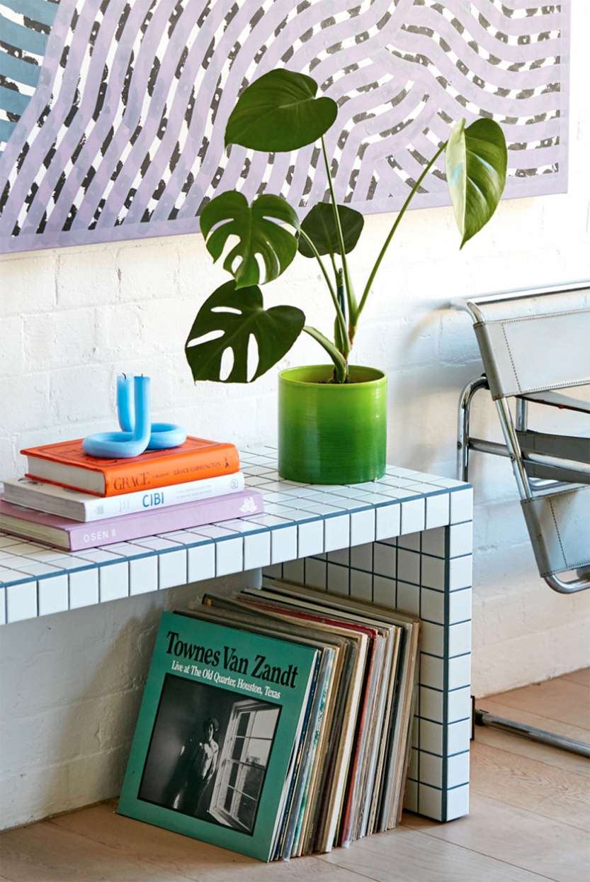 tiled table with books and plant