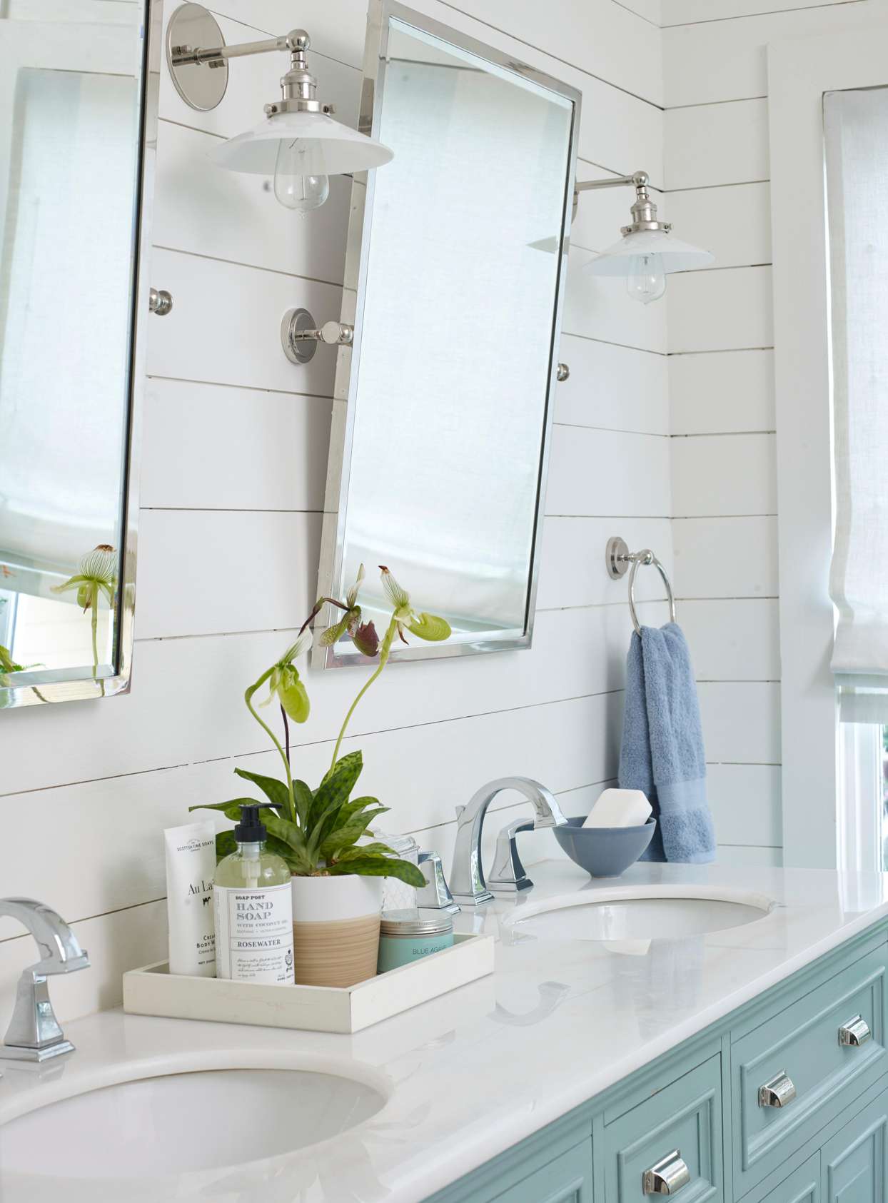 double sink blue vanity bathroom mirrors above
