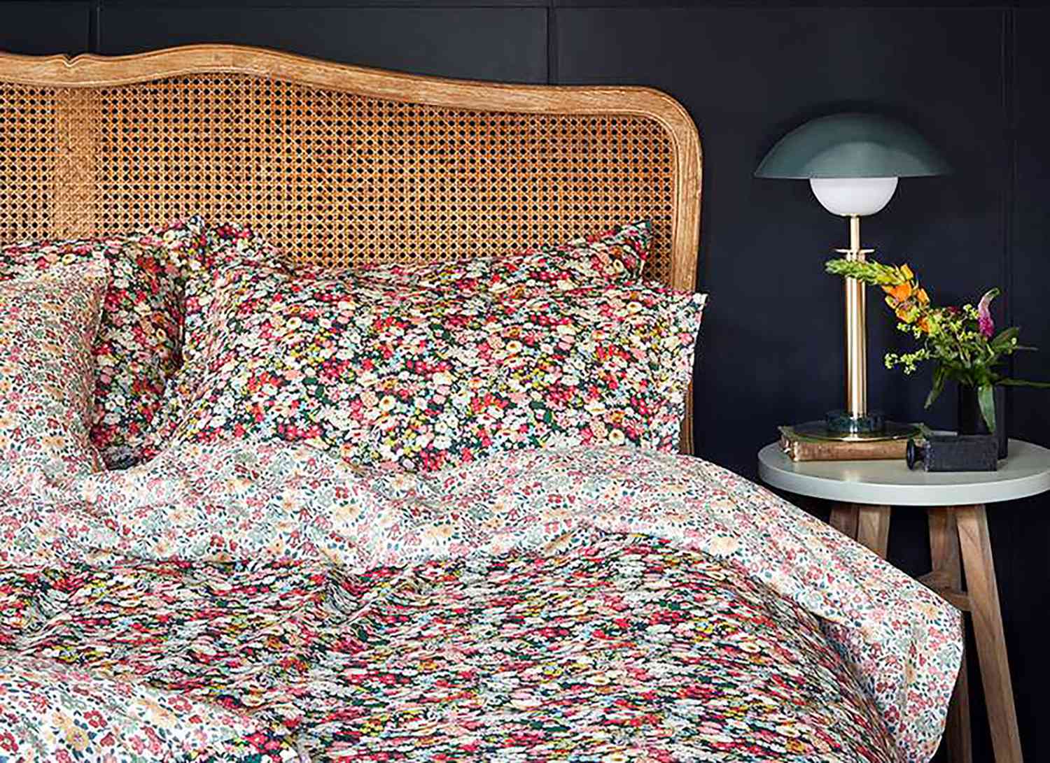 floral bedsheet and bedding in styled room