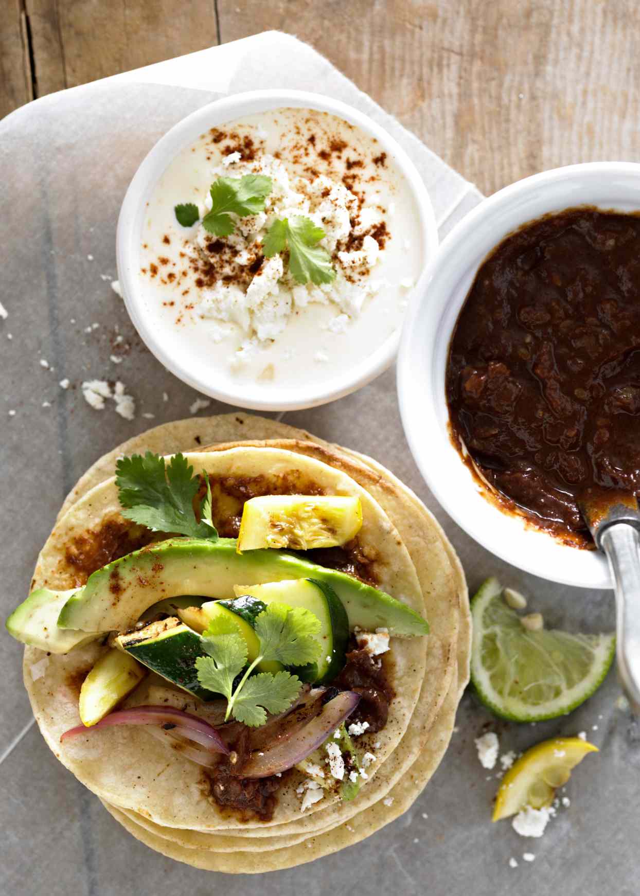 Grilled Vegetable Tostadas with Quick Mole Sauce 