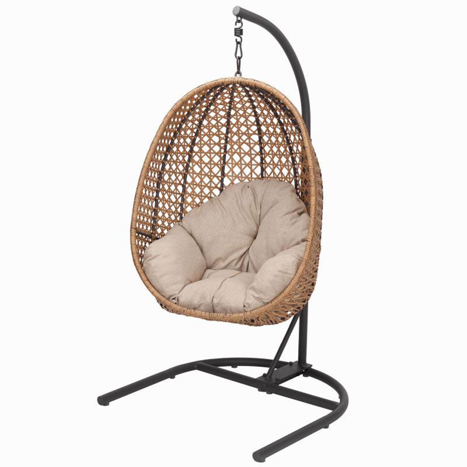 Better Homes & Gardens Lantis Patio Wicker Hanging Chair with Stand and Beige Cushion