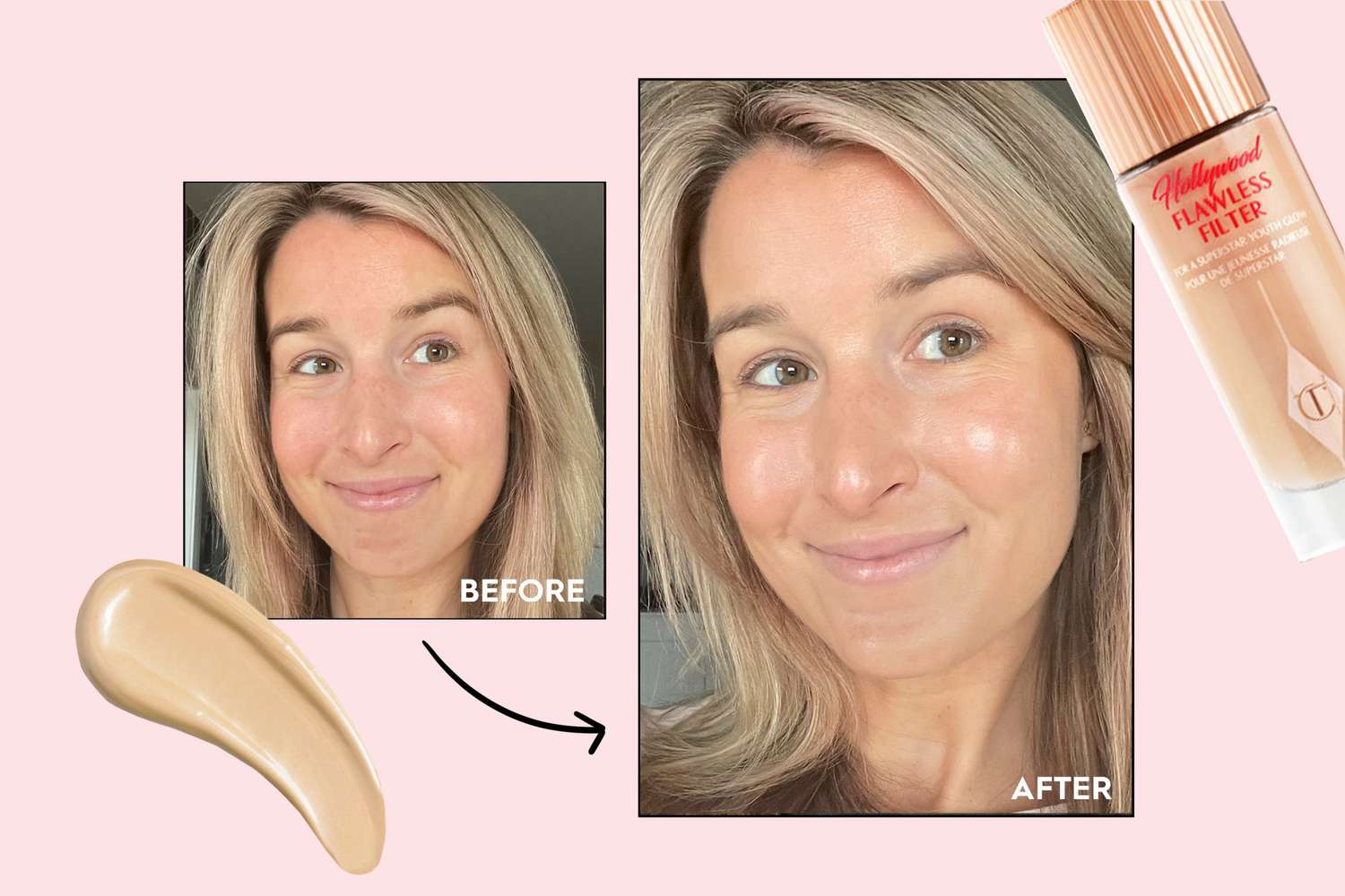 woman in before and after photos wearing charlotte tilbury flawless filter foundation