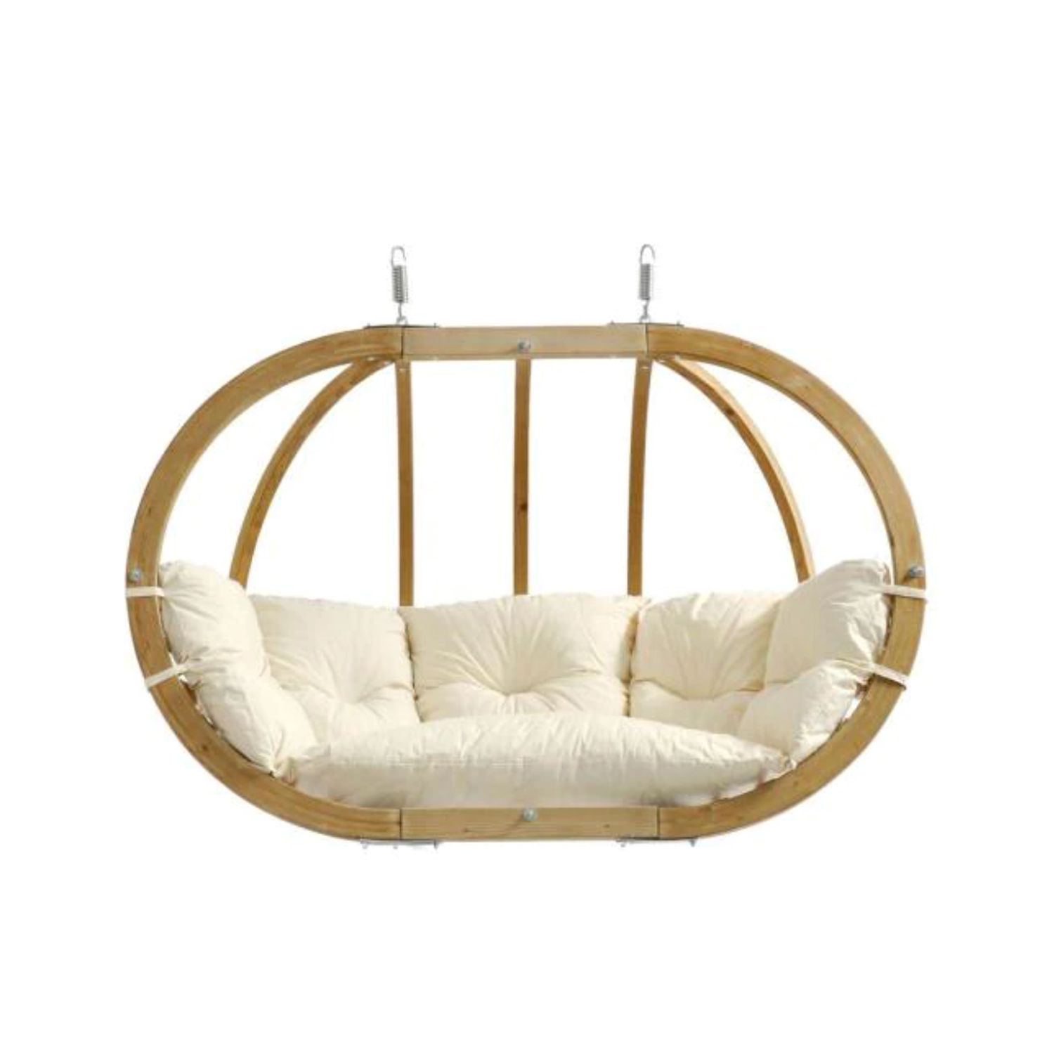 wooden two-person egg chair with white cushions