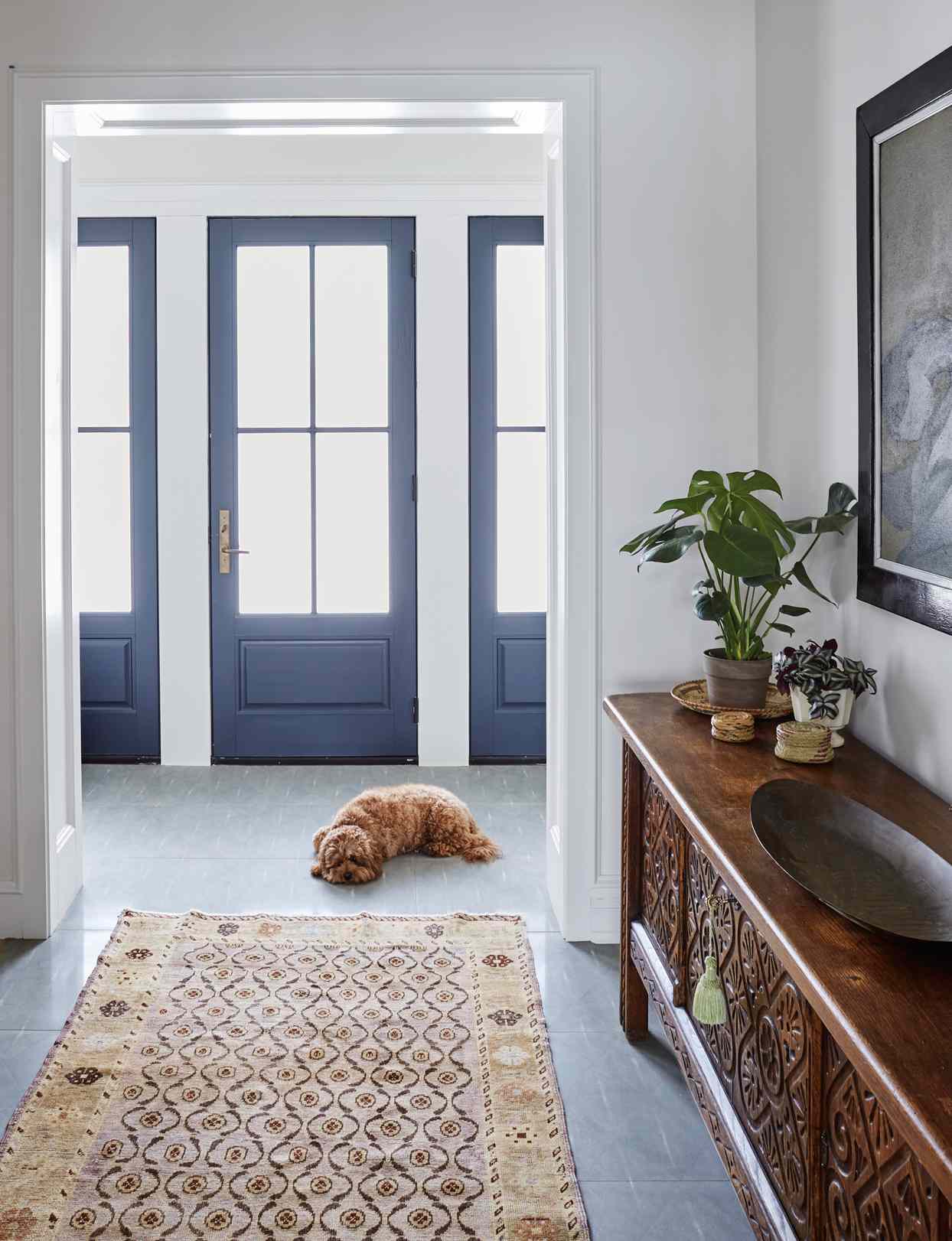 dog entryway vintage sideboard blue painted doors