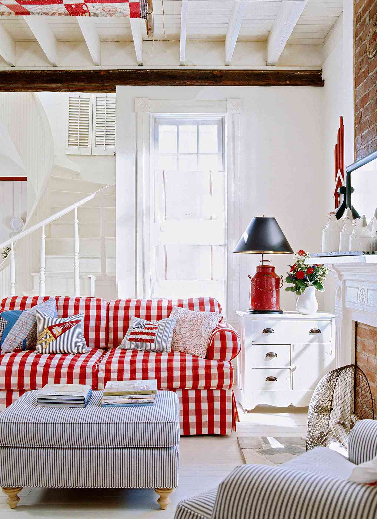 red plaid sofa cover bright living room striped chair