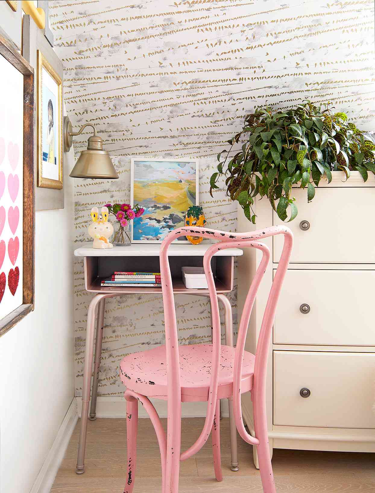 cotton-candy pink vintage metal chair desk wallpaper dormer
