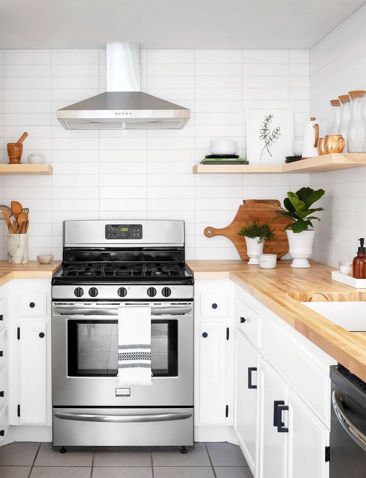 black white kitchen modern minimalist butcher block counter range