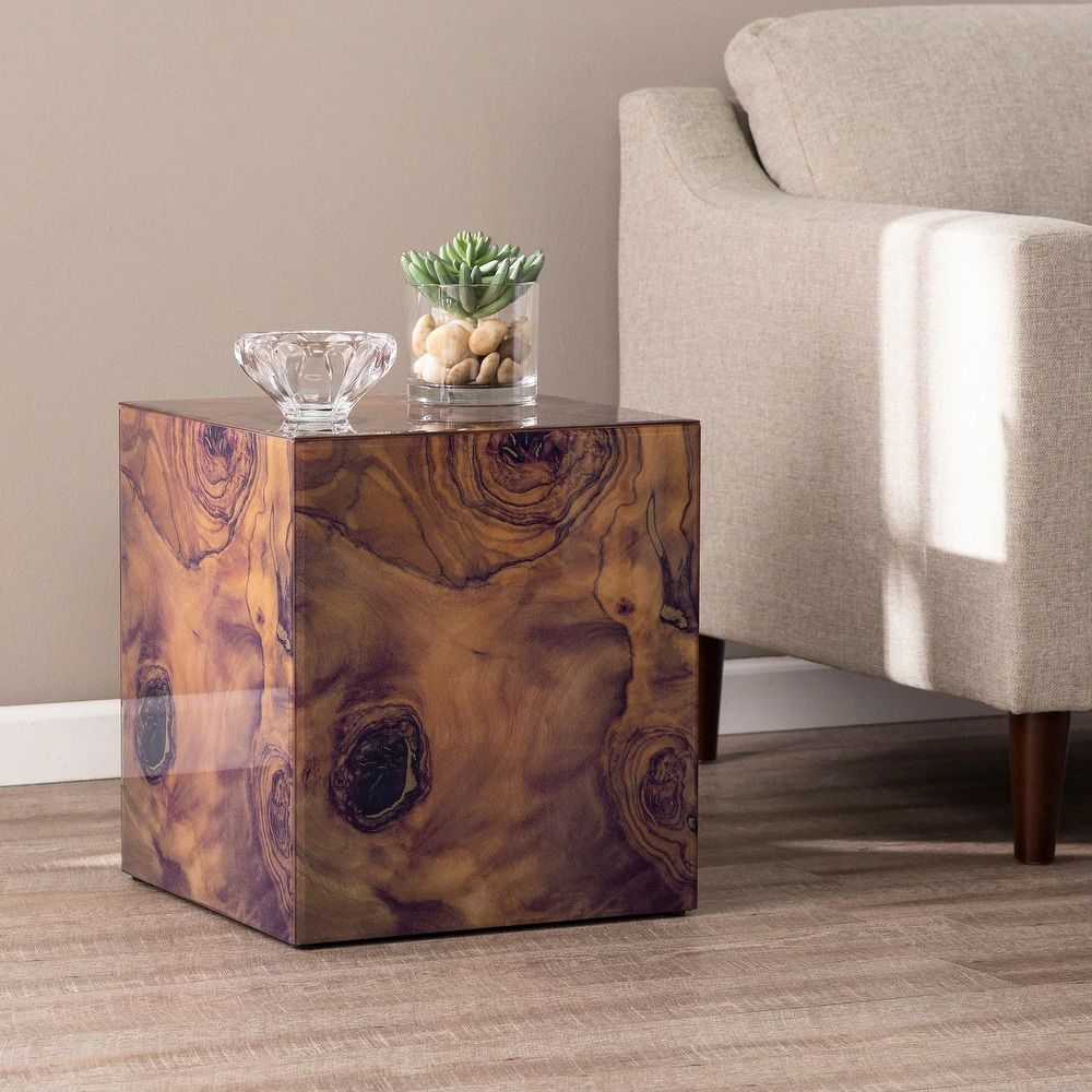 faux burl wood cube side table next to sofa