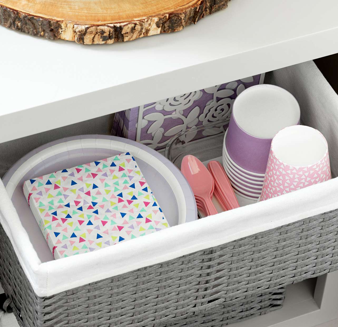 gray lined basket party supplies storage detail
