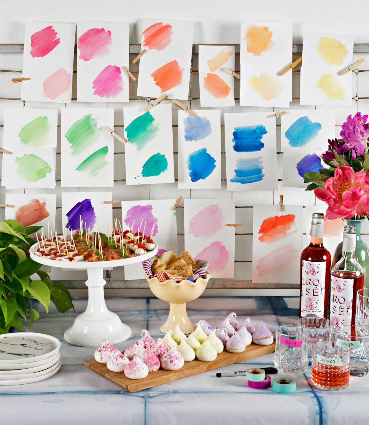 paper marbling party snacks table