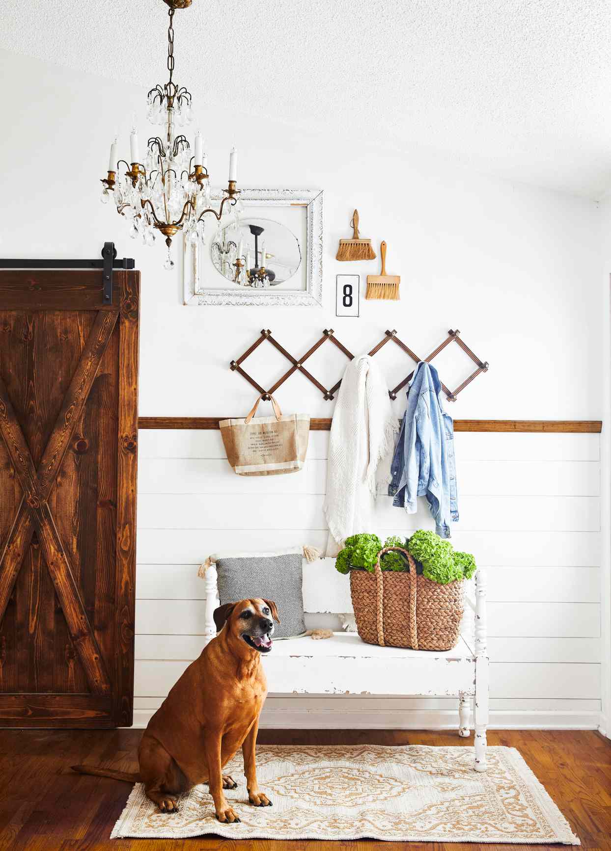 front door area with rustic bench and dog