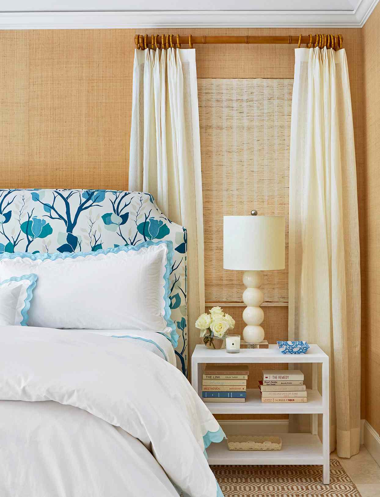 white blue coastal bedroom grass-cloth wallpaper