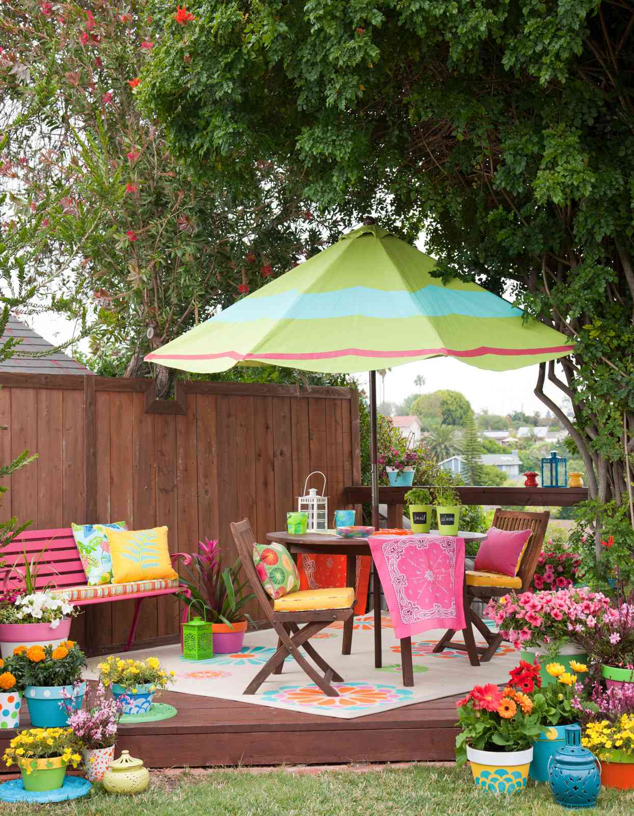colorful sitting area with umbrella