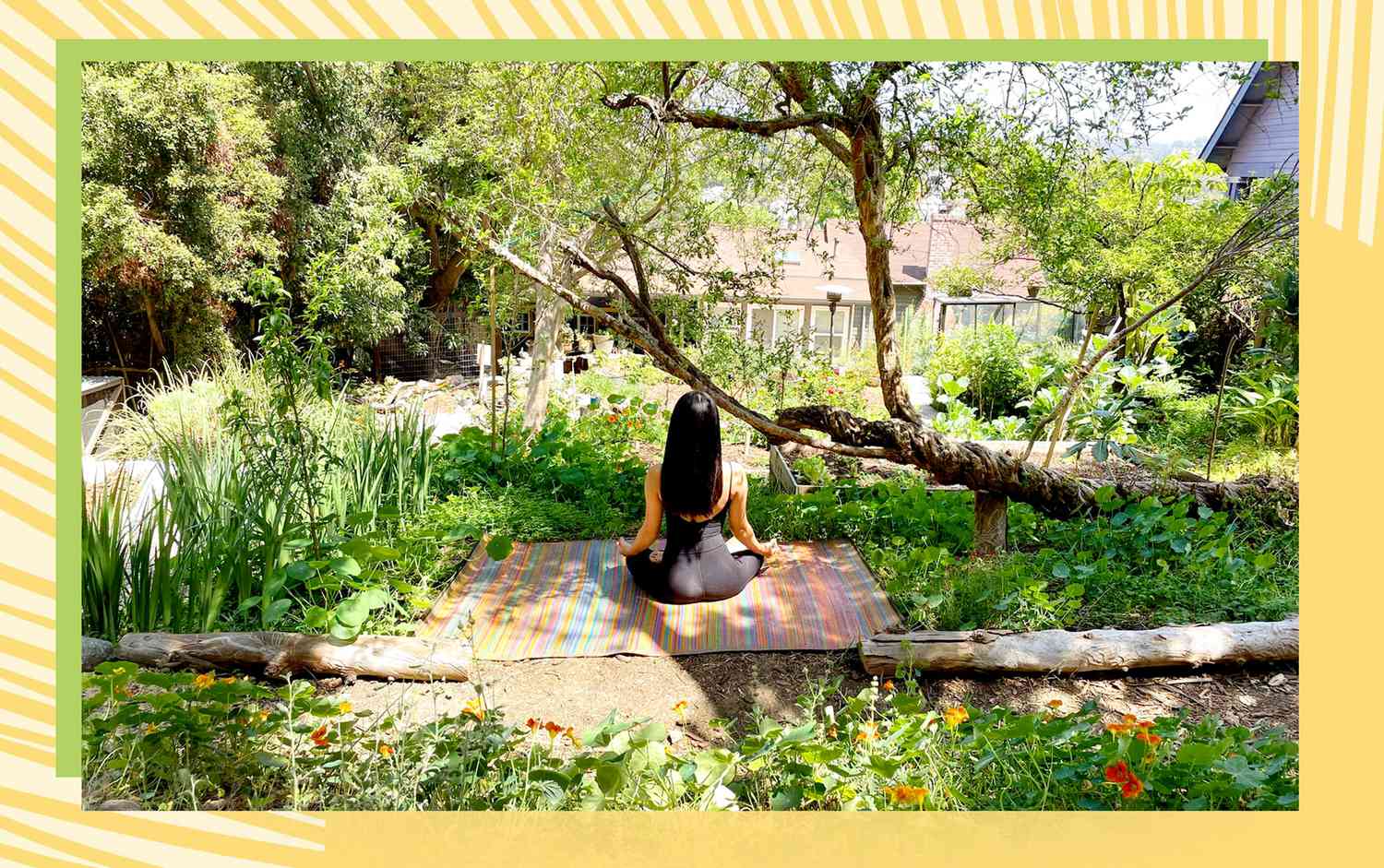woman meditating in moonwater farm garden
