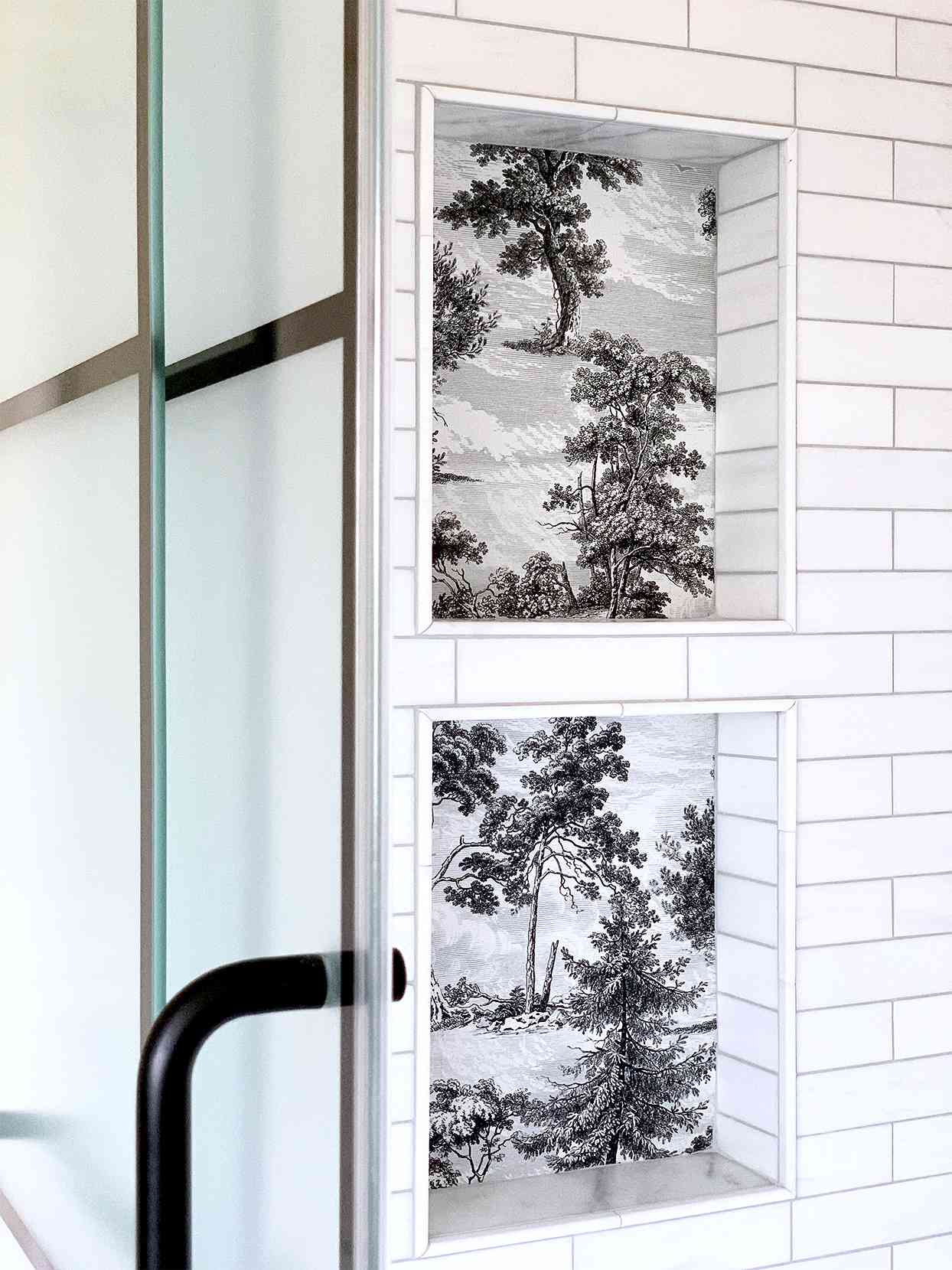 black white toile trees pattern inlay built-in shower shelves tile