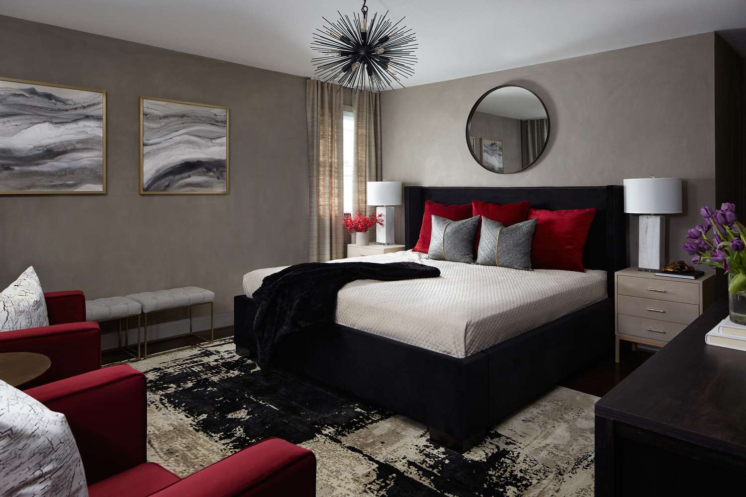gray bedroom with red and black accents