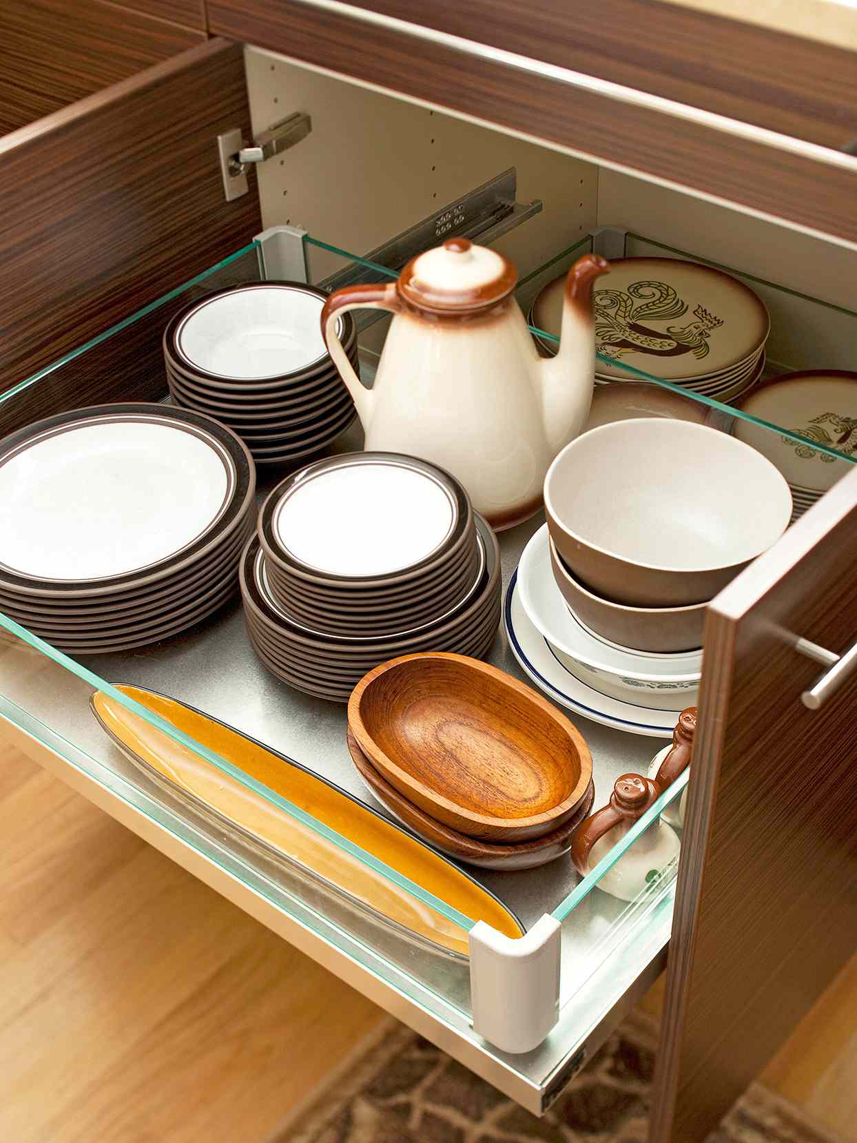 kitchen dish storage pull-out shelves cabinets