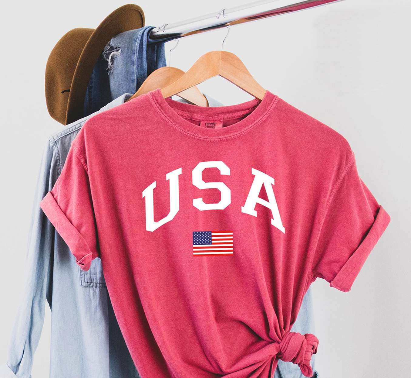 red tshirt with USA and american flag logo