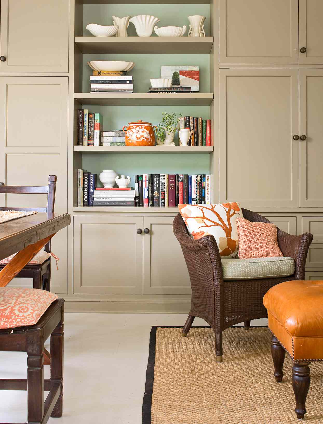 Painted bookshelf tan orange accents