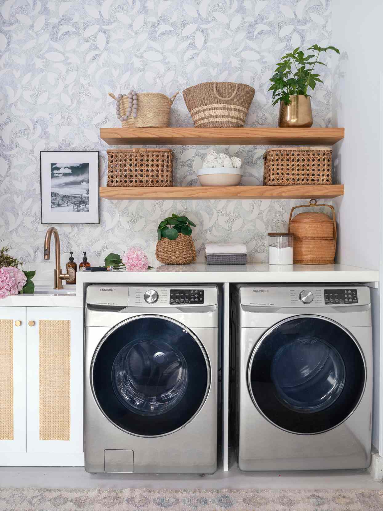 laundry room wallpaper open shelves cabinets caning baskets