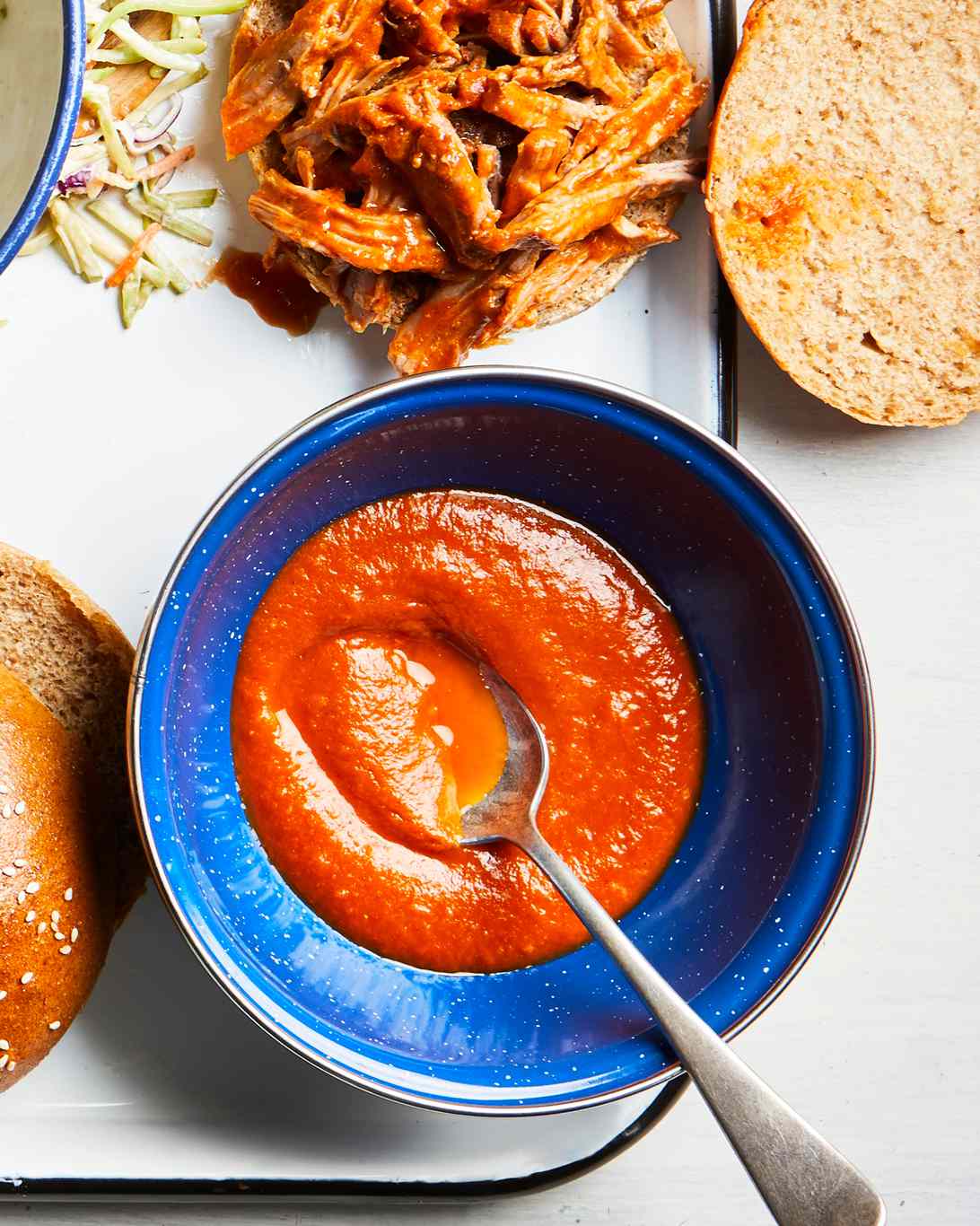 Medjool Date-Sweetened Barbecue Sauce in blue bowl