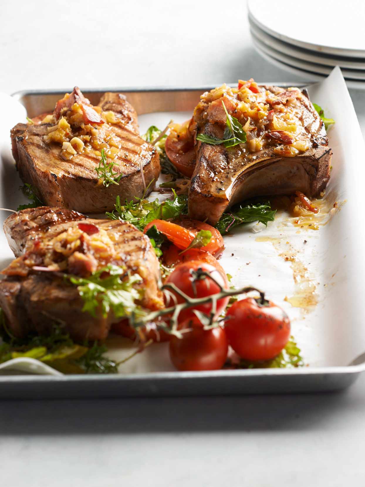 Grilled Pork Chops with Bacon and Tomato