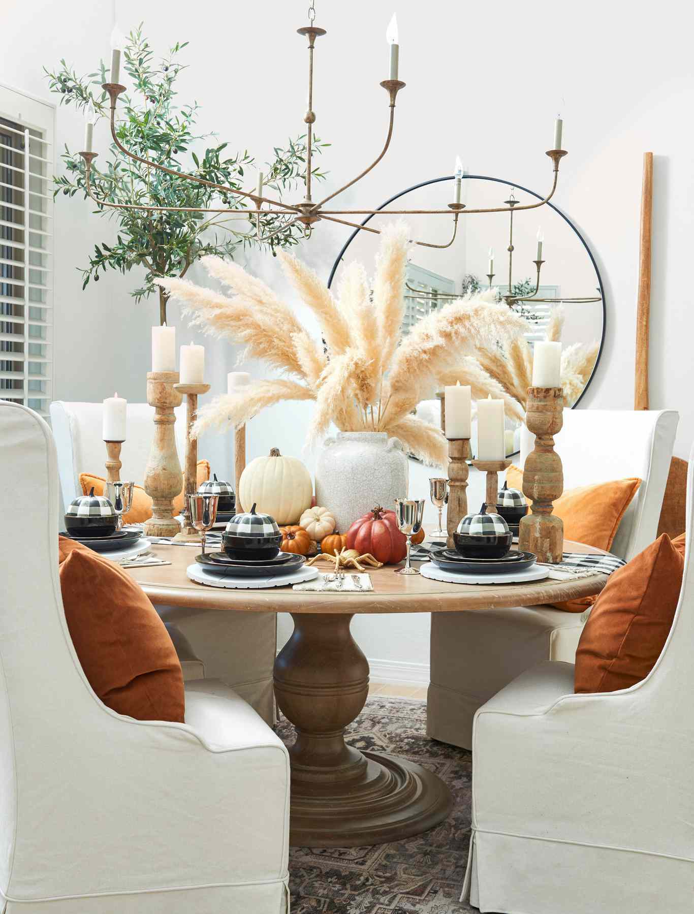 fall decorated table space pampas grass center