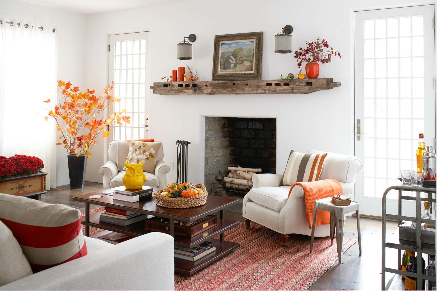 fall décor white plaster fireplace