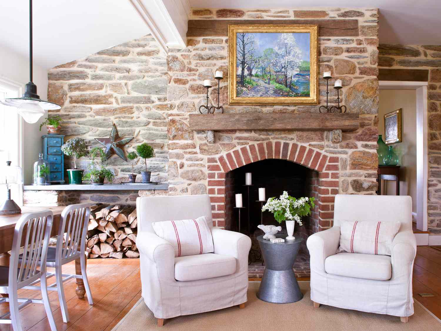landscape painting rustic fireplace