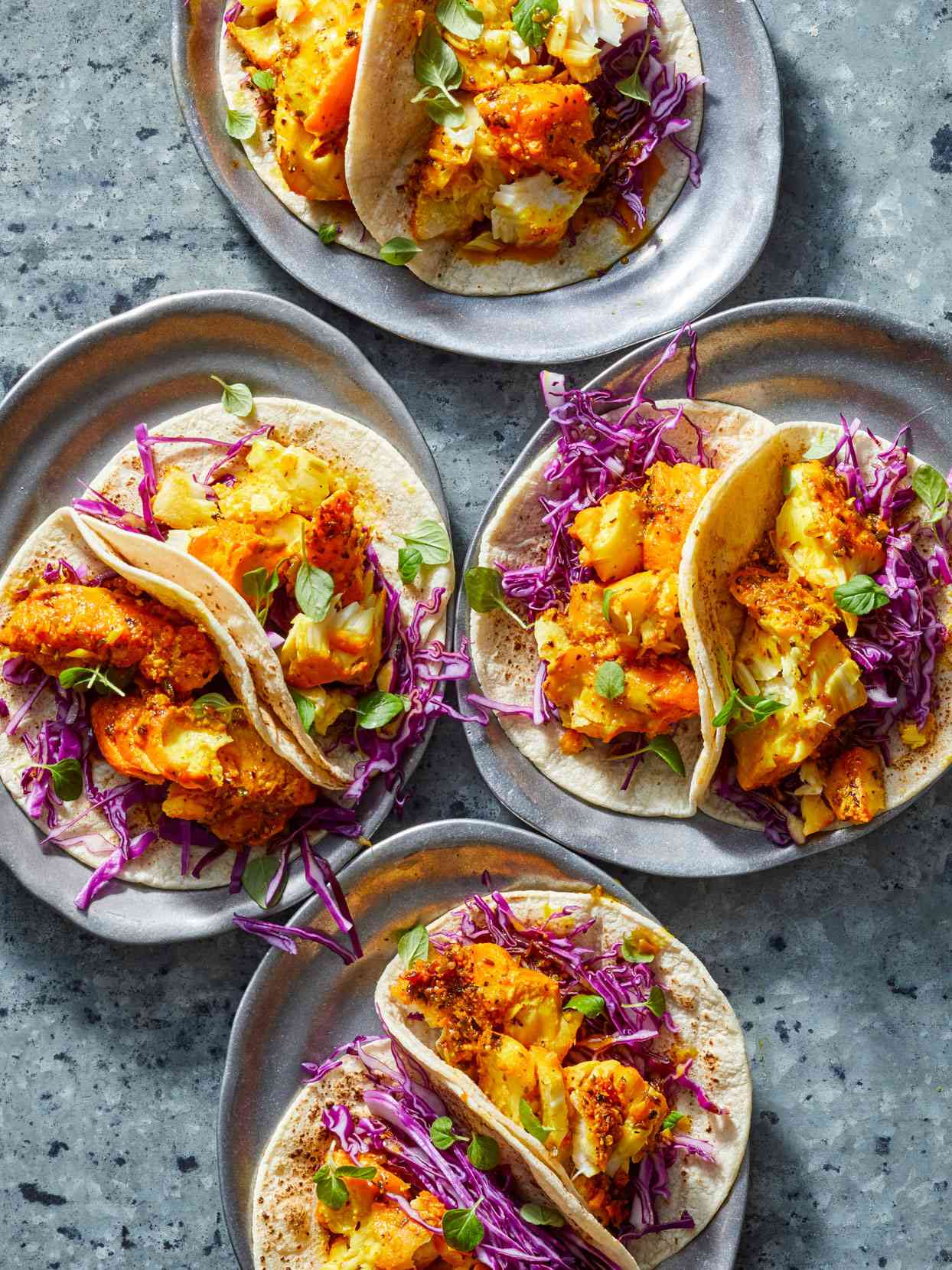 Yucatán-Style Fish Tacos green oregano leaves red cabbage
