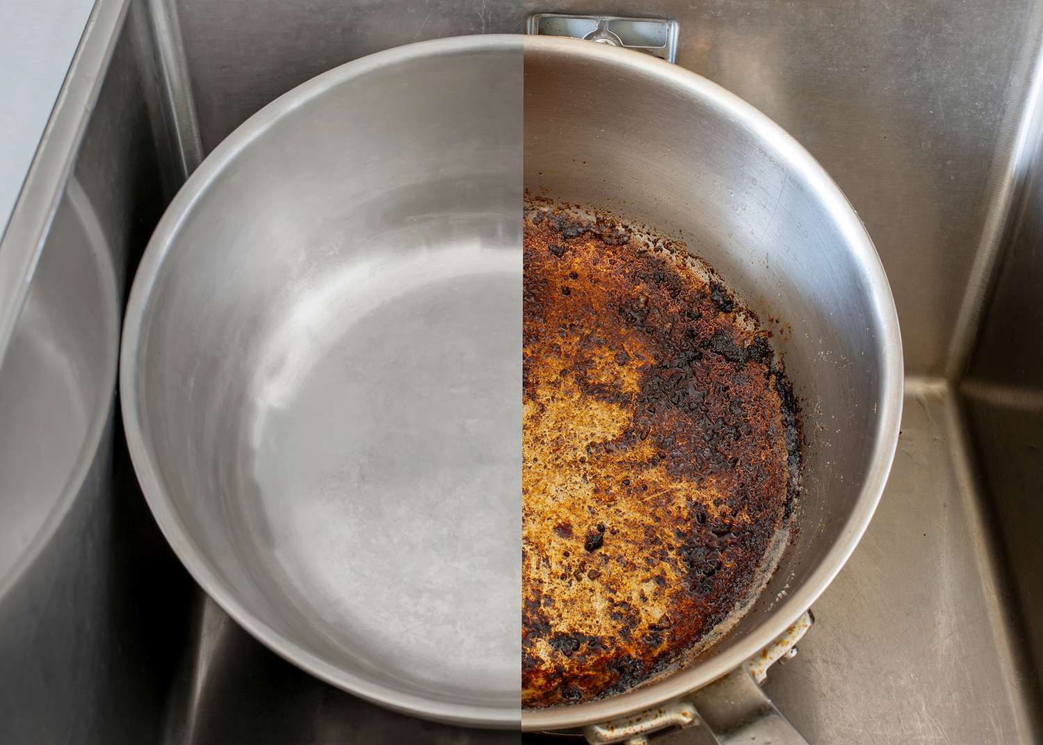 before and after cleaning a pot with burned food at the bottom