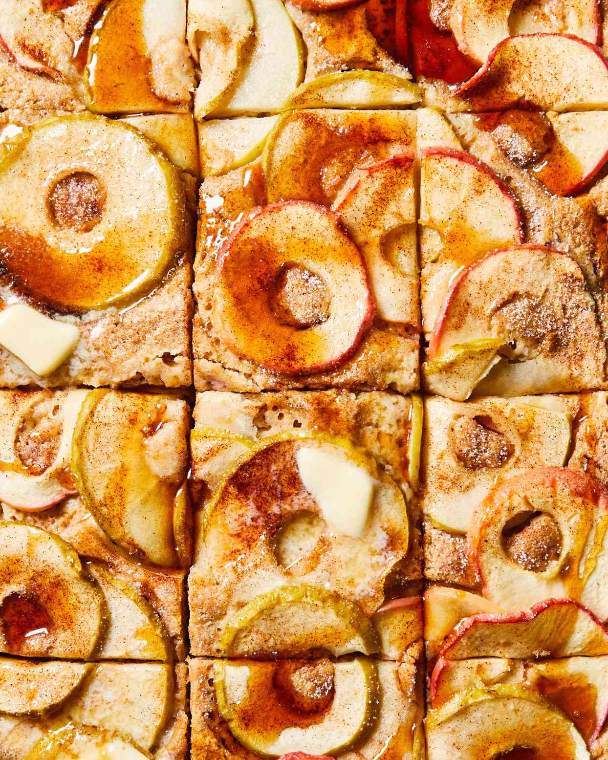 overhead view of Sheet-Pan Apple Pancake cut into squares
