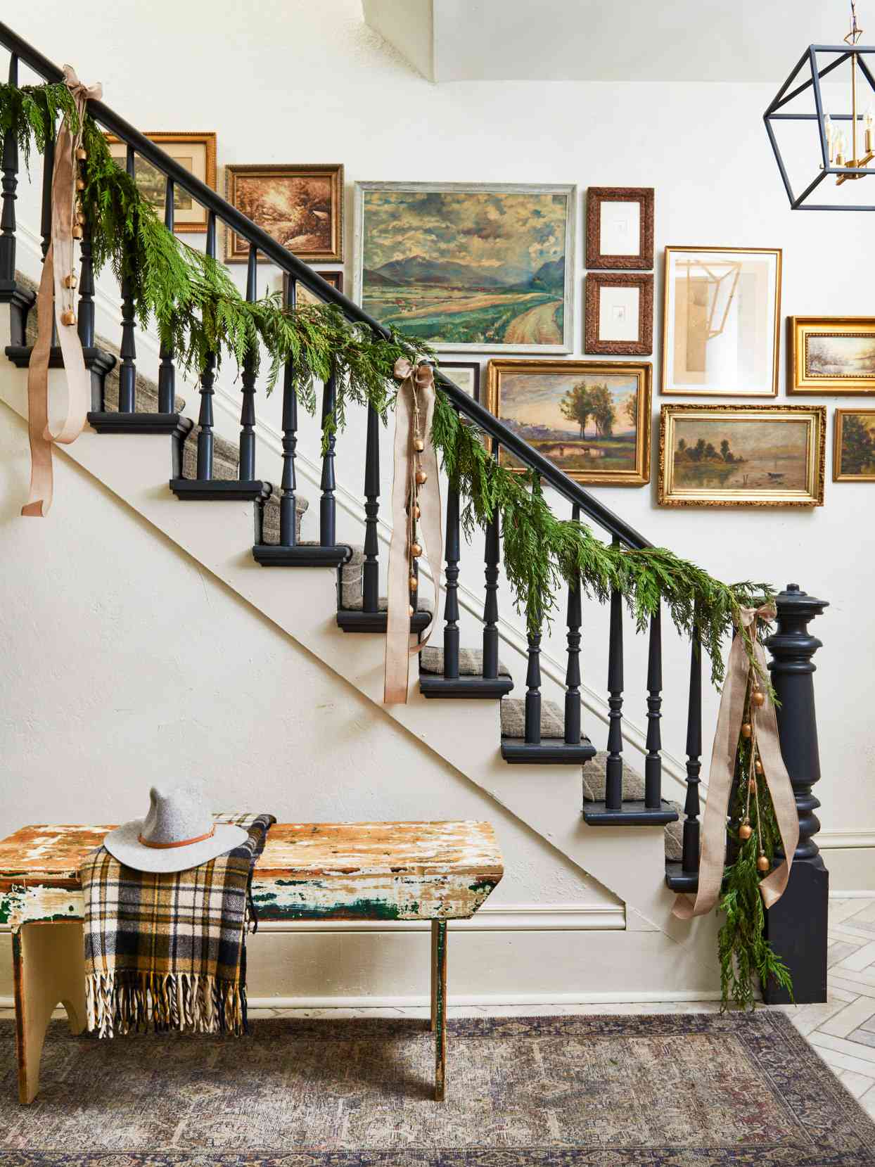 black and white stairway with festive garland