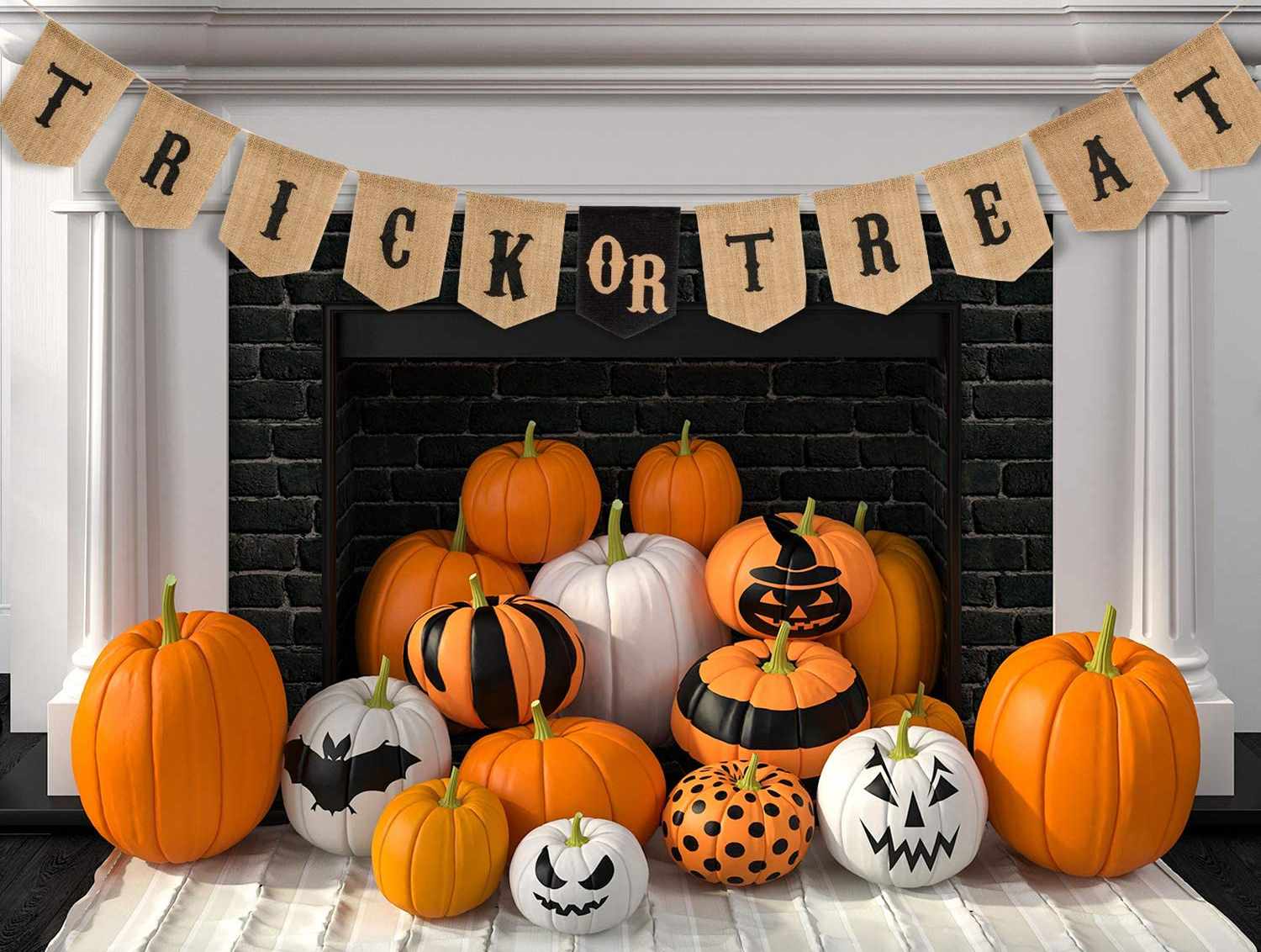 burlap banner bunting halloween decor with decorated pumpkins in front of fireplace