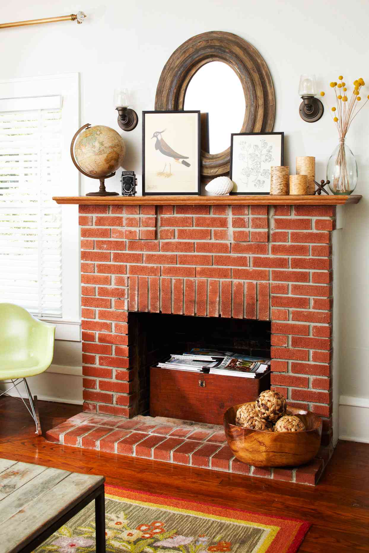brick fireplace with mantel decor