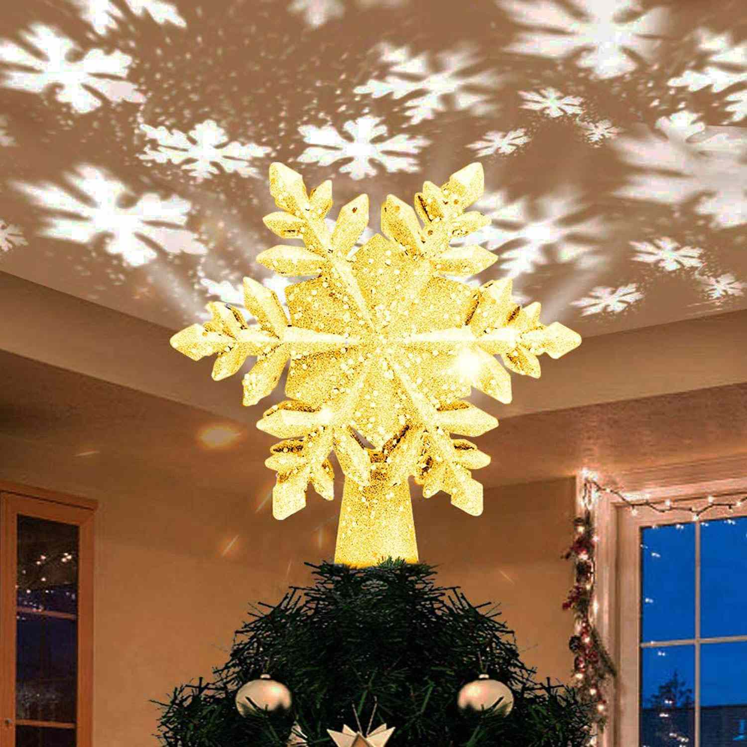 gold snowflake on christmas tree