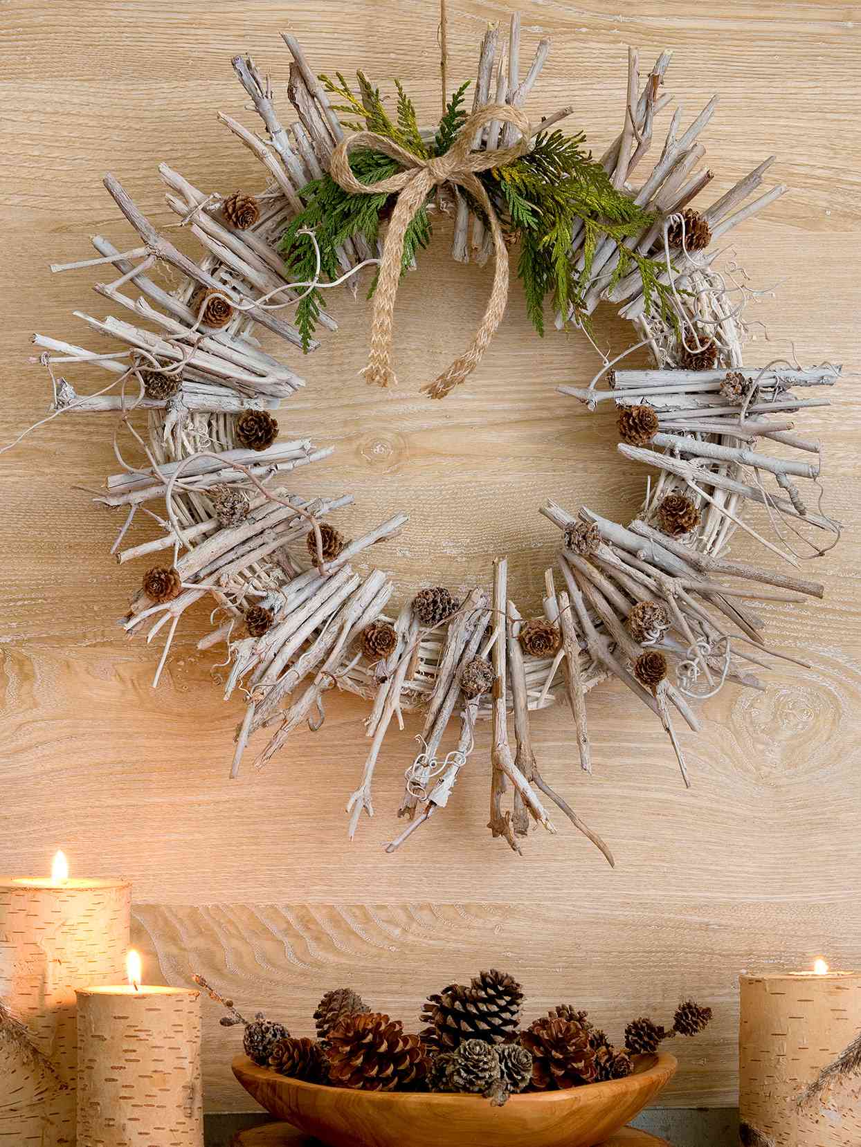 painted grapevine twig wreath pine cones candles